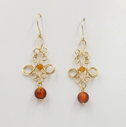 Click to view detail for DKC-1189 Earrings, Gold Filled, Amber Murano Glass & Crystal $70
